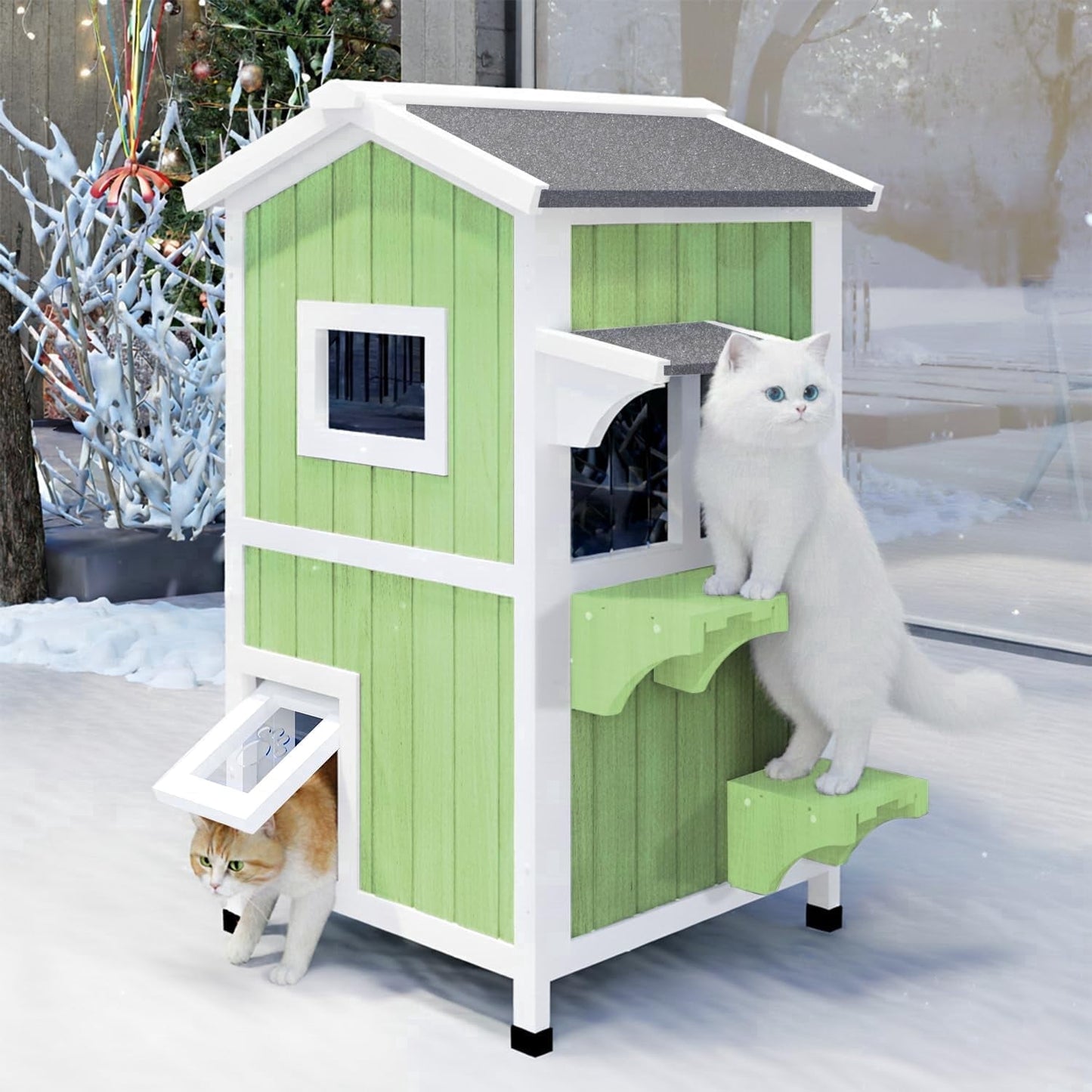 Petsblublu Outdoor Cat Shelter Weatherproof,Two Story Wooden Outside Feral Cat House with Openable Roof, Green