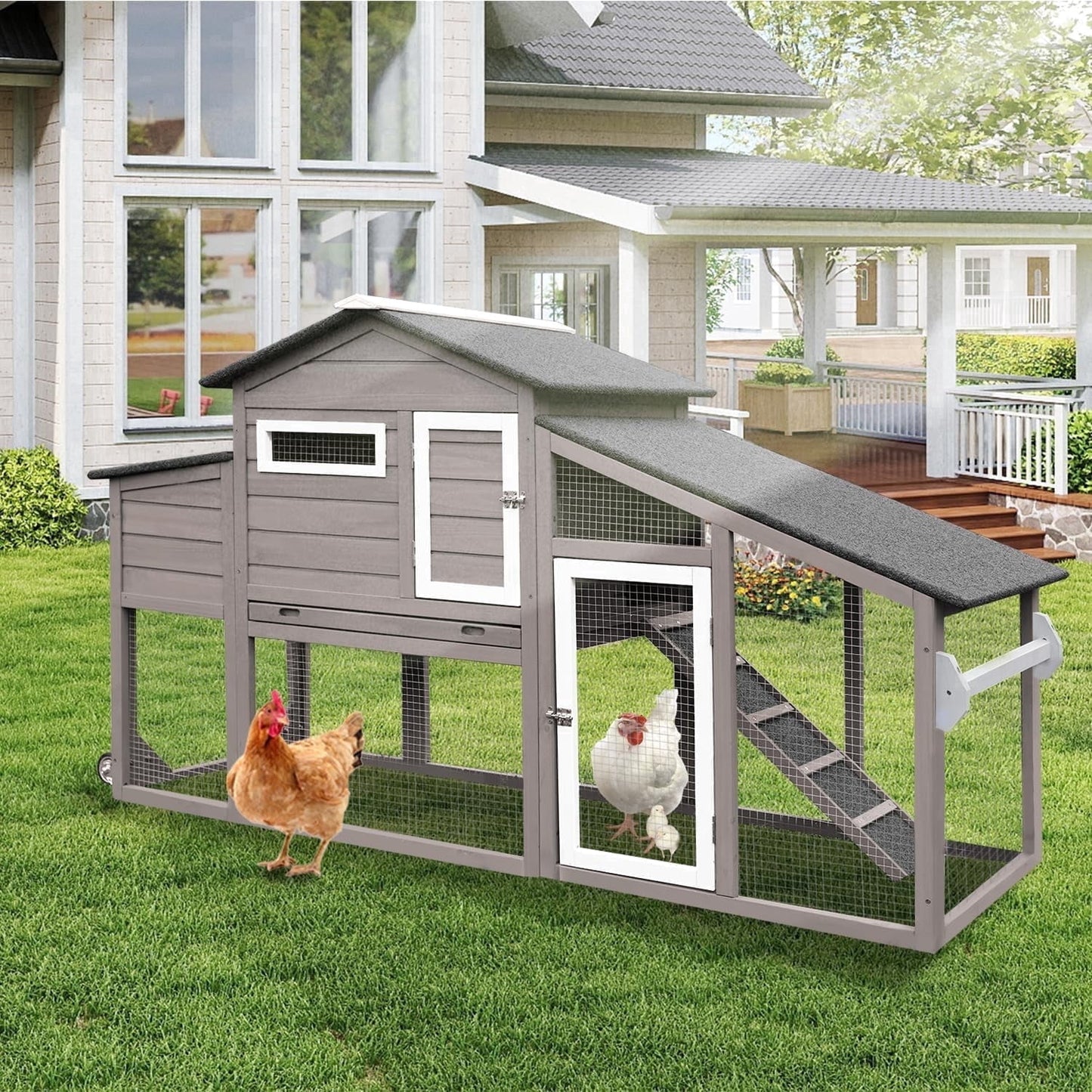 Petsblublu Outdoor Chicken Coop Large Wooden Tractor with Wheels Waterproof Hen House,Gray
