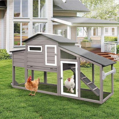 Petsblublu Outdoor Chicken Coop Large Wooden Tractor with Wheels Waterproof Hen House,Gray