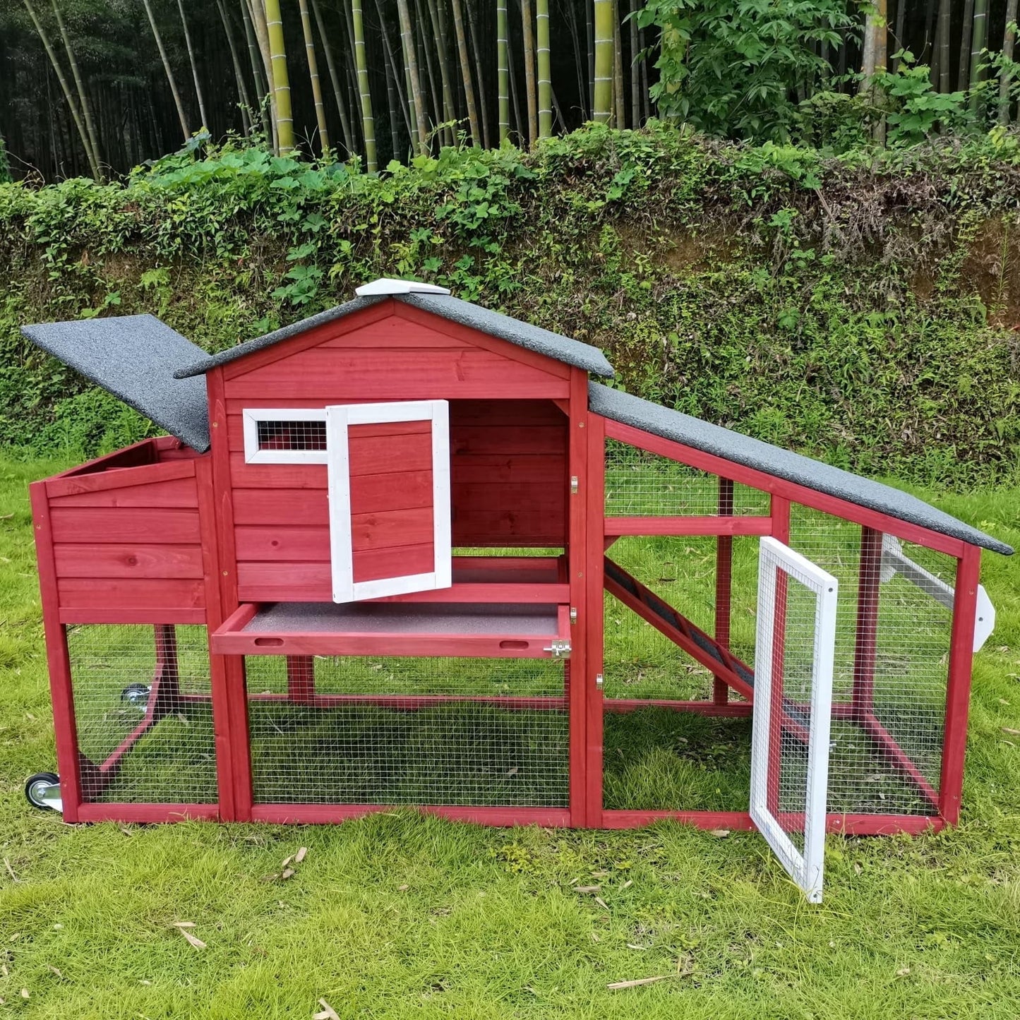 Petsblublu Outdoor Chicken Coop Large Wooden Tractor with Wheels Waterproof Hen House, RED