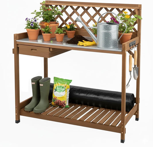 Petsblublu Outdoor Potting Bench Table Work Bench with Drawer Natural Wood Garden with Bottom Shelf