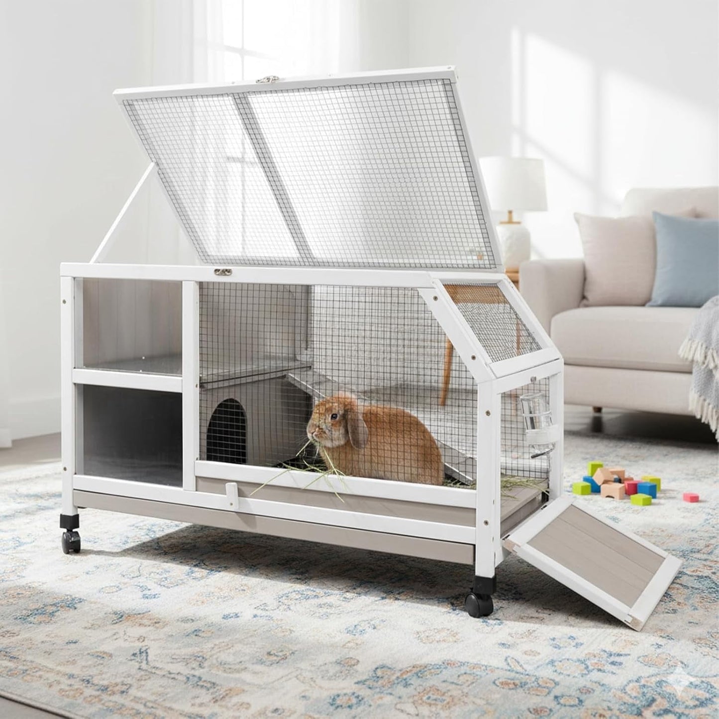 Petsblublu Outdoor Rabbit Hutch, Indoor Wooden Bunny Cage with Wheels