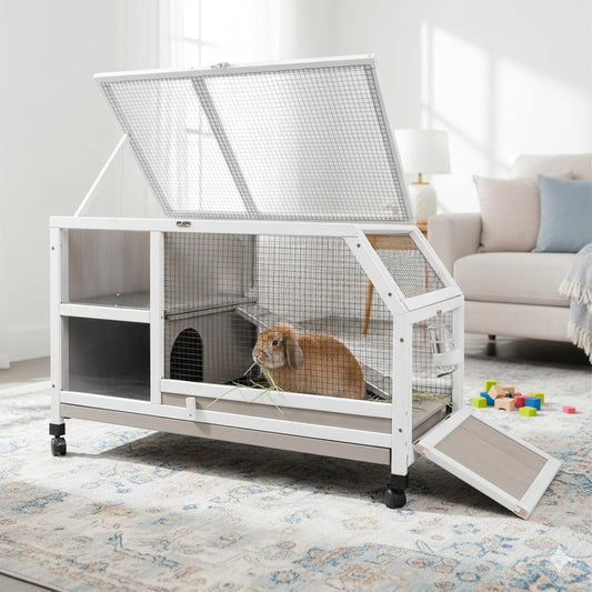 Petsblublu Outdoor Rabbit Hutch, Indoor Wooden Bunny Cage with Wheels
