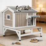 Petsblublu Outdoor Small Cat House Wooden Indoor Feral Cats Shelter with Balcony