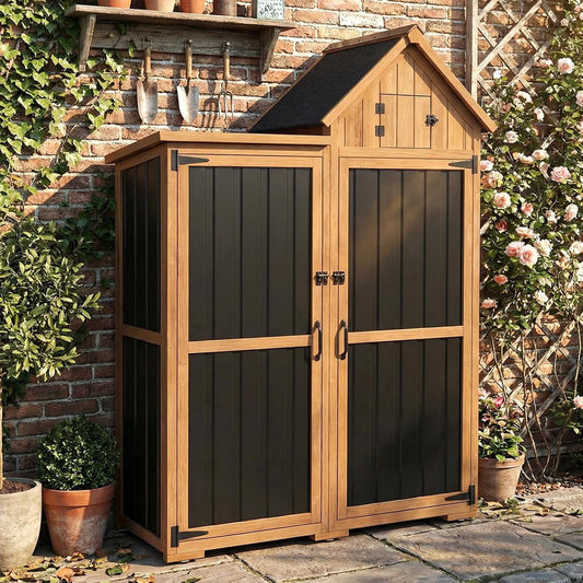 Petsblublu Outdoor Storage Cabinet Weatherproof with 3 Adjustable Shelves,Outside Garden Tool Sheds, Brown