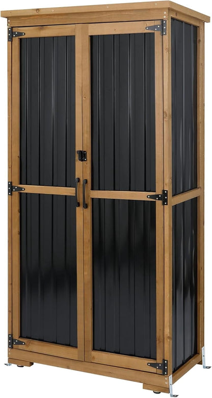 Petsblublu Outdoor Storage Cabinet,Wood & Metal Storage Shed with Adjustable Shelves & Lockable Doors,for Backyard Patio, Gardening Tools
