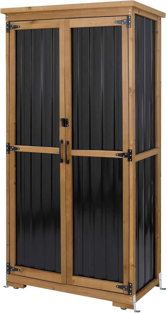 Petsblublu Outdoor Storage Cabinet,Wood & Metal Storage Shed with Adjustable Shelves & Lockable Doors,for Backyard Patio, Gardening Tools