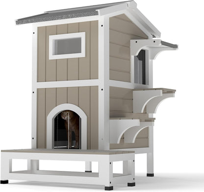 Petsblublu Outdoor Weatherproof Cat House Two Story Cats Shelter with Jumping Platforms