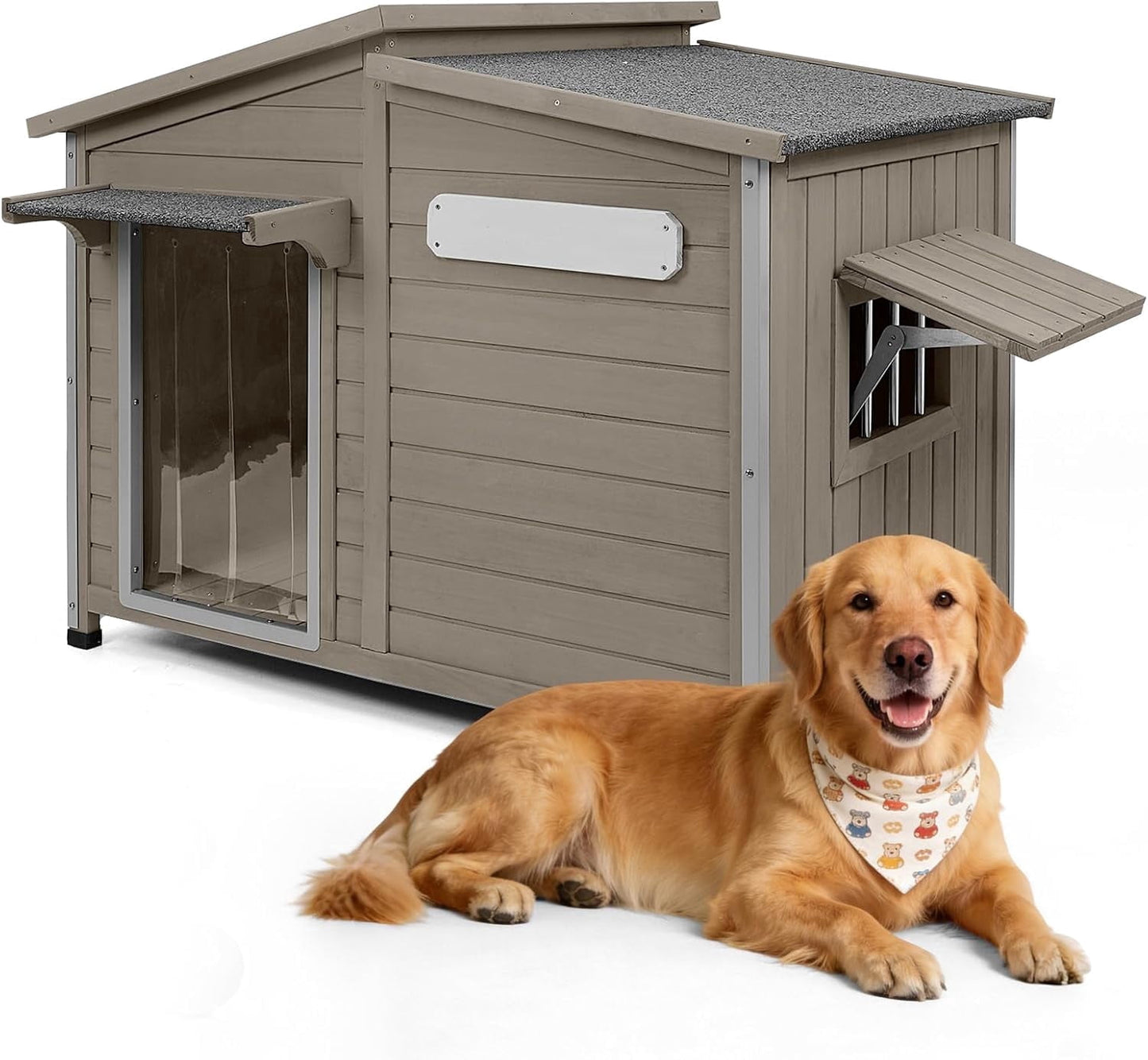 Petsblublu Outdoor Weatherproof Indoor Dog House，with Openable Asphalt Roof, Anti-Chewing Iron Frame