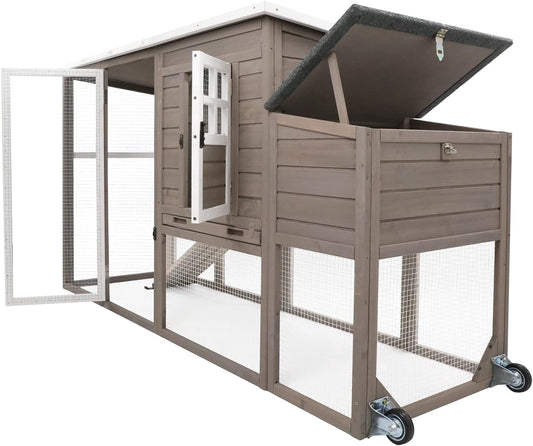 Petsblublu Outdoor Wooden Chicken Coop with Wheels Asphalt Roof Nest Boxes,Gray