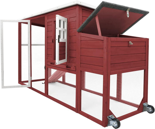 Petsblublu Outdoor Wooden Chicken Coop with Wheels Asphalt Roof Nest Boxes,Red