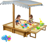 Petsblublu Outdoor Wooden Sandbox with Adjustable Canopy&Two Toy Basins for Beach