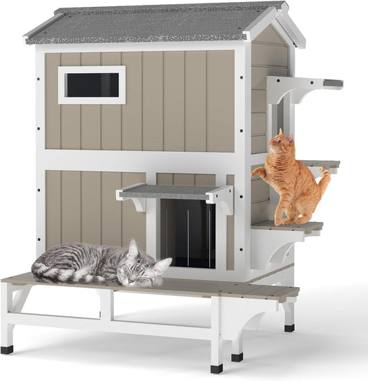 Petsblublu Outdoor Wooden Two Story Cat House Weatherproof with 3 Jumping Platforms, Grey