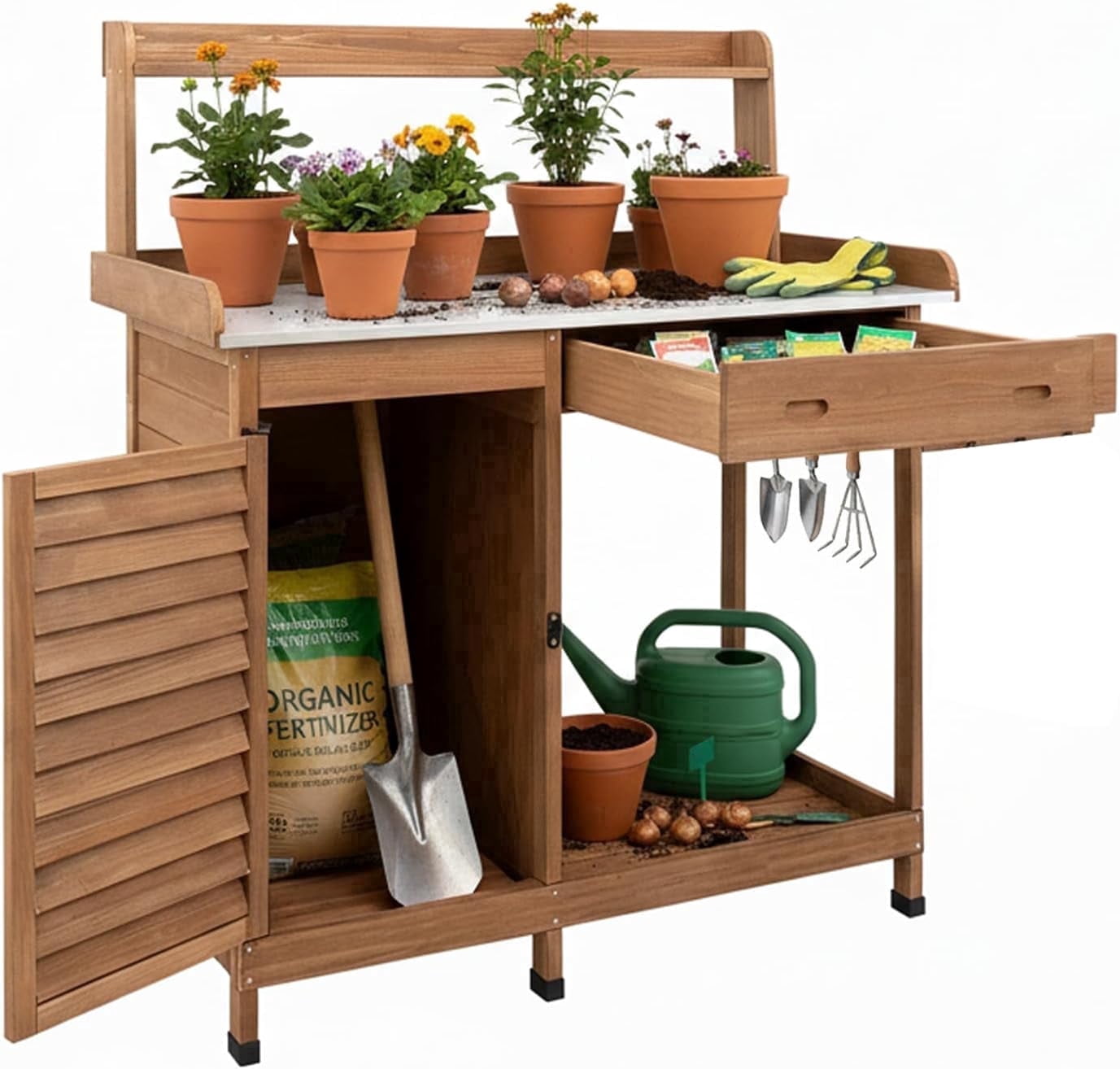 Petsblublu Potting Bench Table Work Bench with Storage Cabinet Outdoor Wooden Garden,Brown