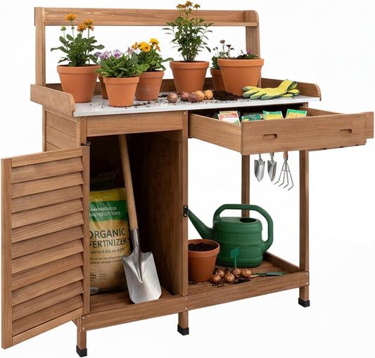Petsblublu Potting Bench Table Work Bench with Storage Cabinet Outdoor Wooden Garden,Brown