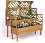 Petsblublu Raised Garden Bed Outdoor with Lattice Trellis, Flower Plant Stand with Two Planting Areas