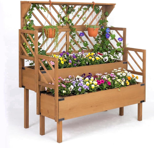 Petsblublu Raised Garden Bed Outdoor with Lattice Trellis, Flower Plant Stand with Two Planting Areas