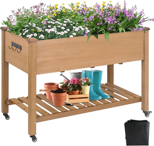 Petsblublu Raised Garden Bed with Wheels, Outdoor Elevated Wood Planter Box for Backyard Balcony