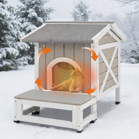 Petsblublu Small Insulated Outdoor Cat House with Openable Roof Indoor Pet Feral Cats Shelter for Winter, Gray