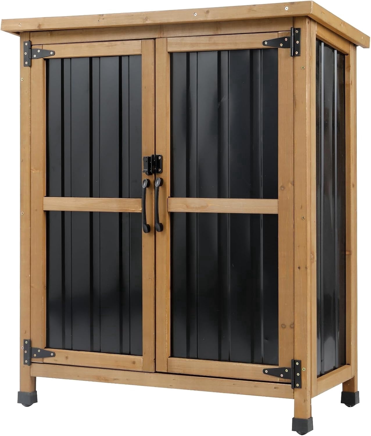 Petsblublu Small Outdoor Storage Cabinet Waterproof, Wood & Metal Garden Storage Shed, with Lockable Doors & Adjustable Shelves，Brown