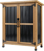 Petsblublu Small Outdoor Storage Cabinet Waterproof, Wood & Metal Garden Storage Shed, with Lockable Doors & Adjustable Shelves，Brown