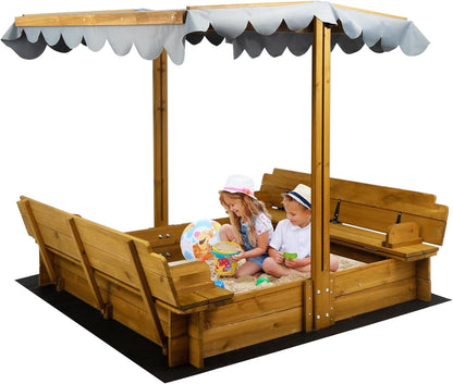 Petsblublu Wooden Kids Sandbox with Lid, Outdoor Sand Box with Canopy and Two Foldable Bench Seats