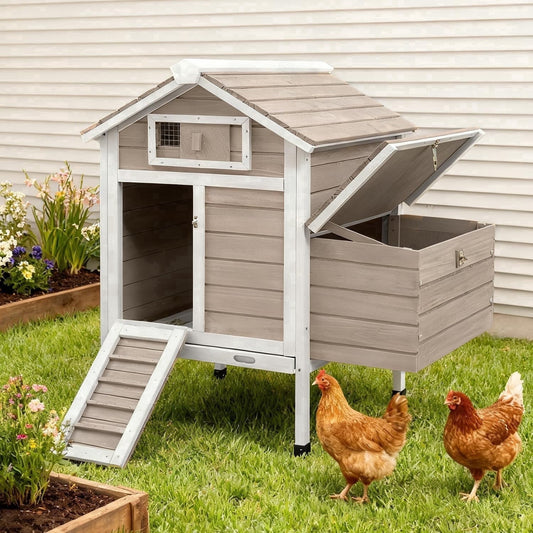 Petsblublu Wooden Small Chicken Coop Outdoor Hen House with 2 Nesting Box, 32 L x 23.6 W x 36.6 H