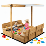 Sandbox with  UV-Resistant Canopy, Foldable Bench Seats and Liner for Kids, Solid Wood, 47x47in