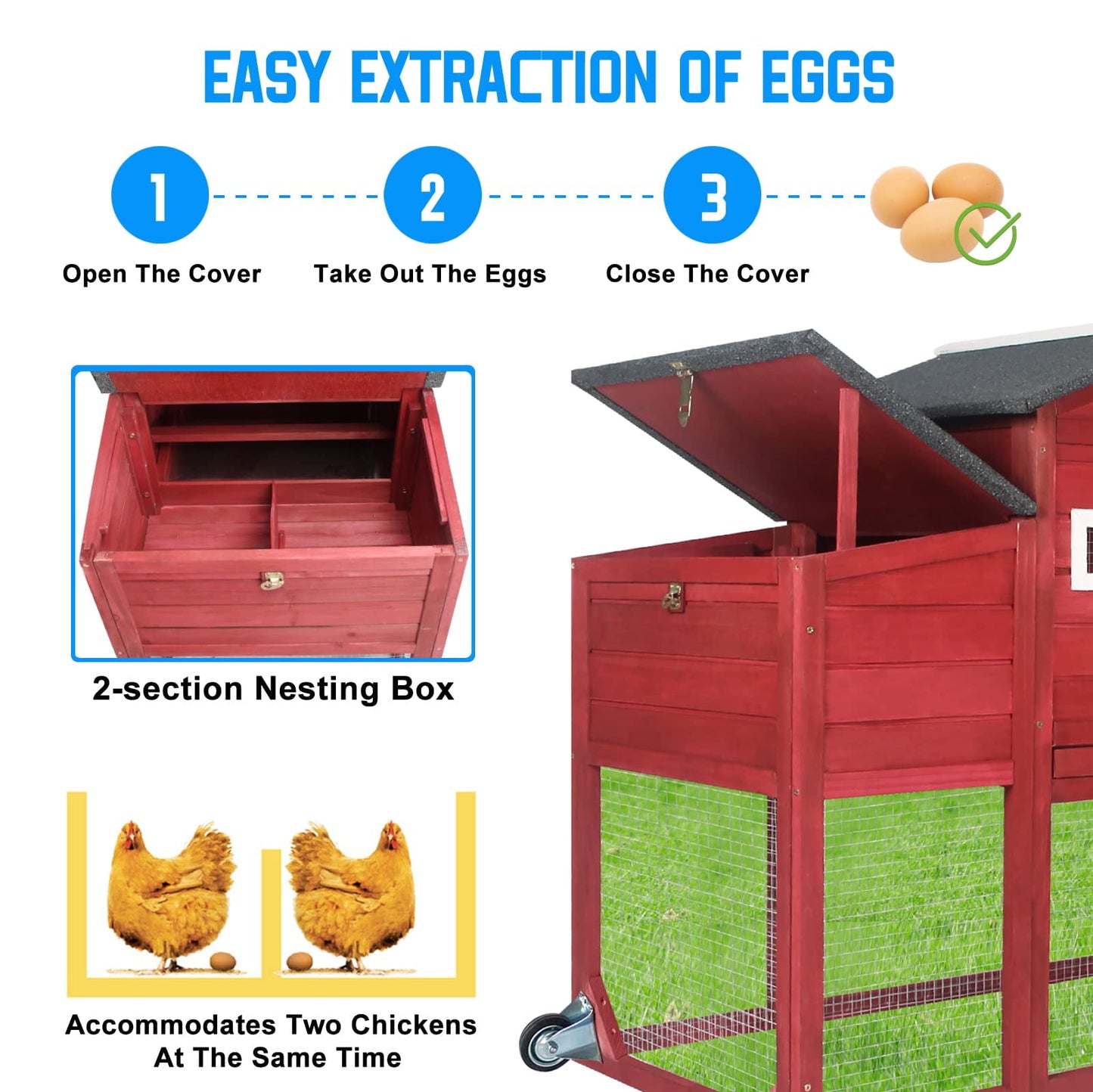 Petsblublu Outdoor Chicken Coop Large Wooden Tractor with Wheels Waterproof Hen House, RED