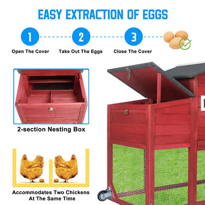 Petsblublu Outdoor Chicken Coop Large Wooden Tractor with Wheels Waterproof Hen House, RED