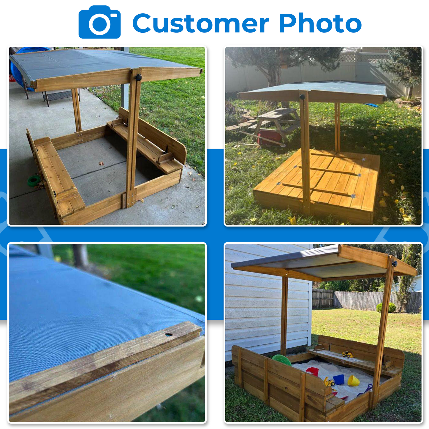 Sandbox with  UV-Resistant Canopy, Foldable Bench Seats and Liner for Kids, Solid Wood, 47x47in