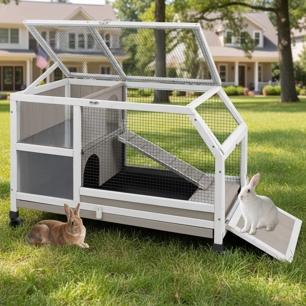 Petsblublu Outdoor Rabbit Hutch, Indoor Wooden Bunny Cage with Wheels