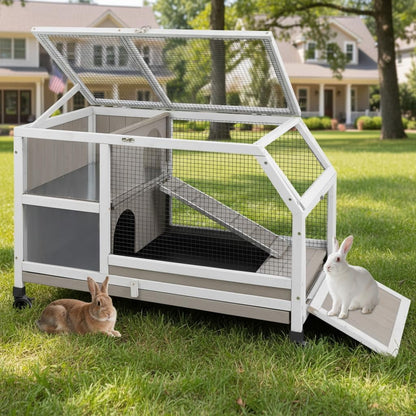 Petsblublu Outdoor Rabbit Hutch, Indoor Wooden Bunny Cage with Wheels