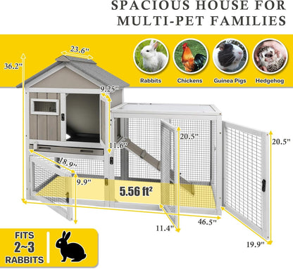 Petsblublu 47''L Rabbit Hutch Outdoor Wooden Indoor 2 Story Bunny House with Waterproof Roof