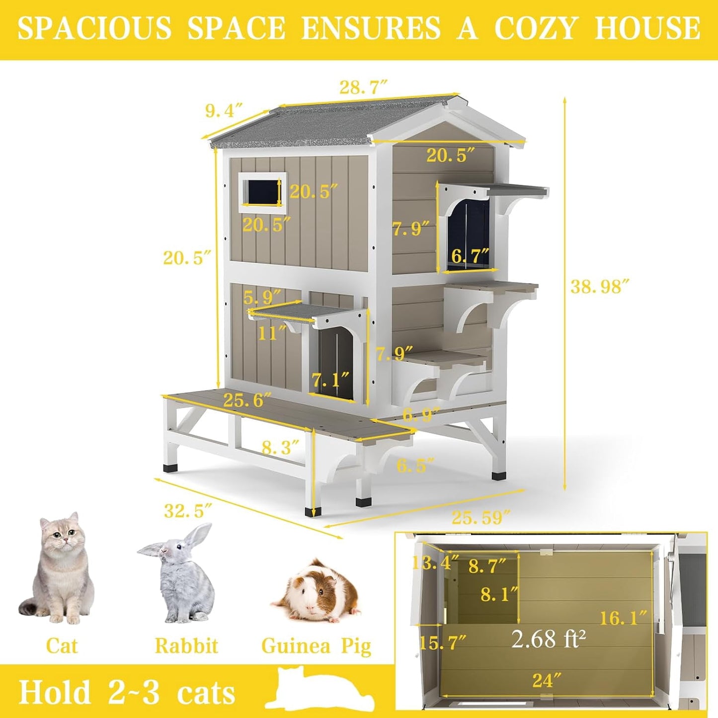 Petsblublu Outdoor Wooden Two Story Cat House Weatherproof with 3 Jumping Platforms, Grey