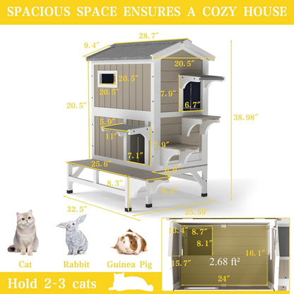 Petsblublu Outdoor Wooden Two Story Cat House Weatherproof with 3 Jumping Platforms, Grey
