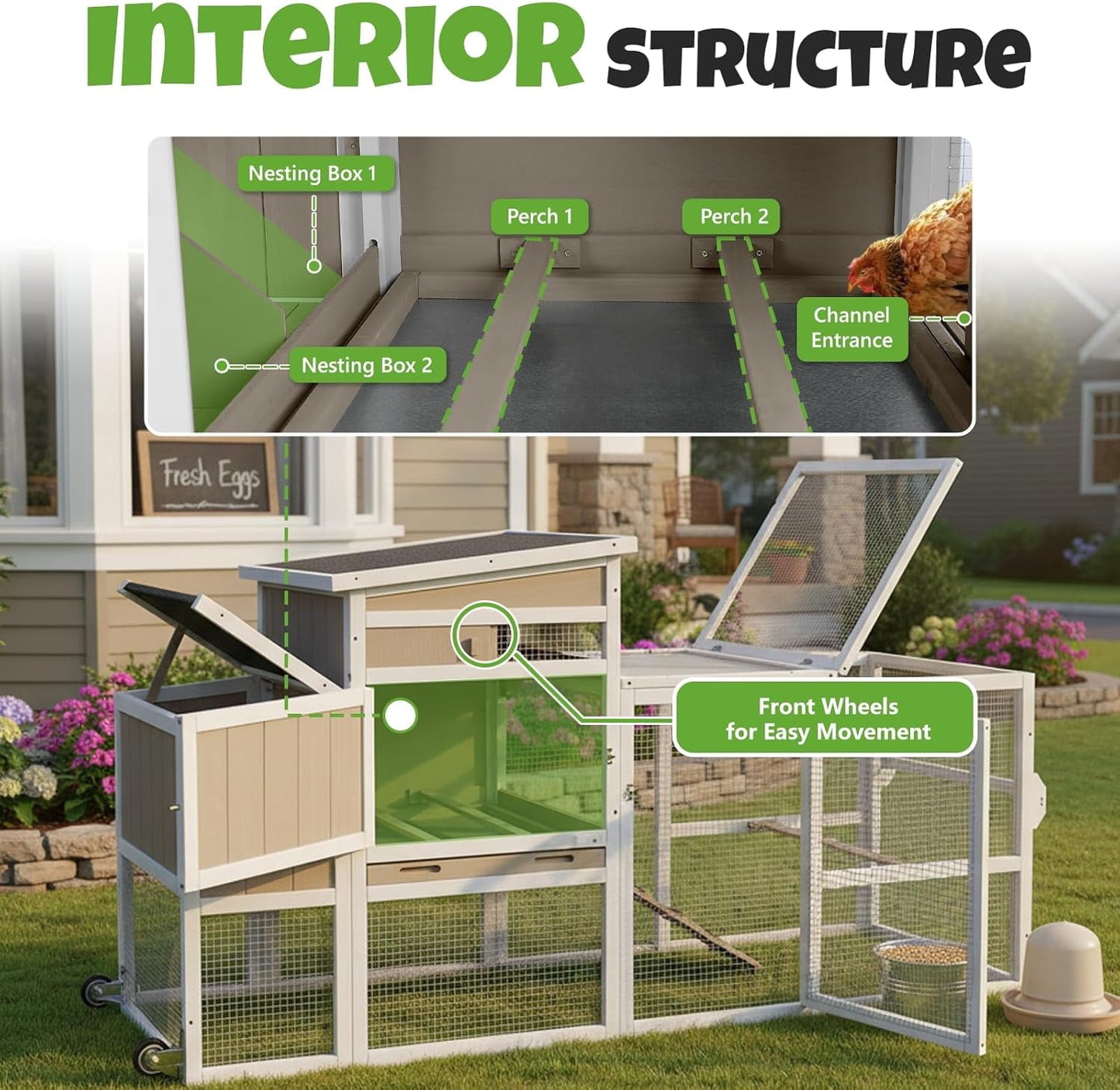 Petsblublu 79 L Chicken Coop and Run, 2 Story Backyard Hen House with Nesting Box