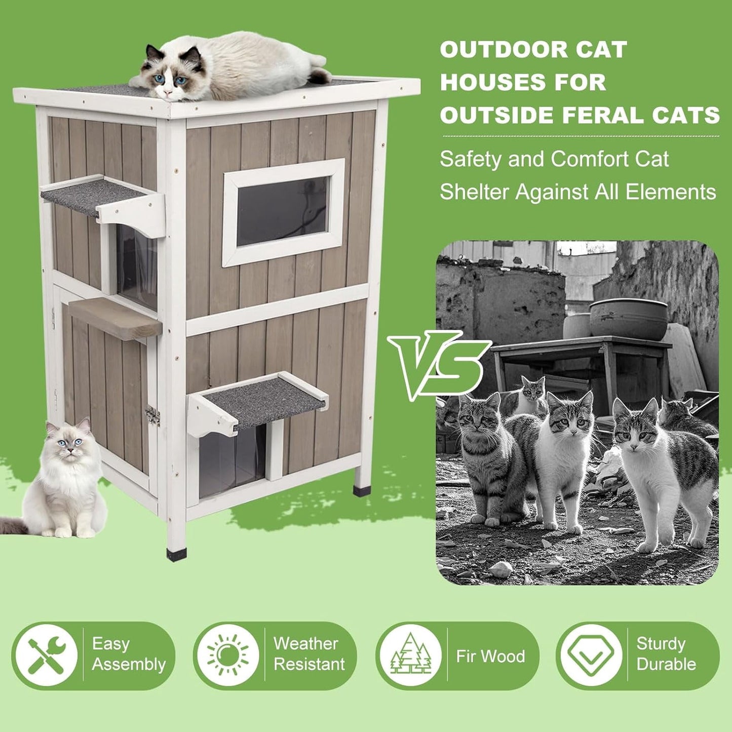 Petsblublu Outdoor Cat House Weatherproof, Two Story Wooden Feral Cat Shelter with 2 Escape Door