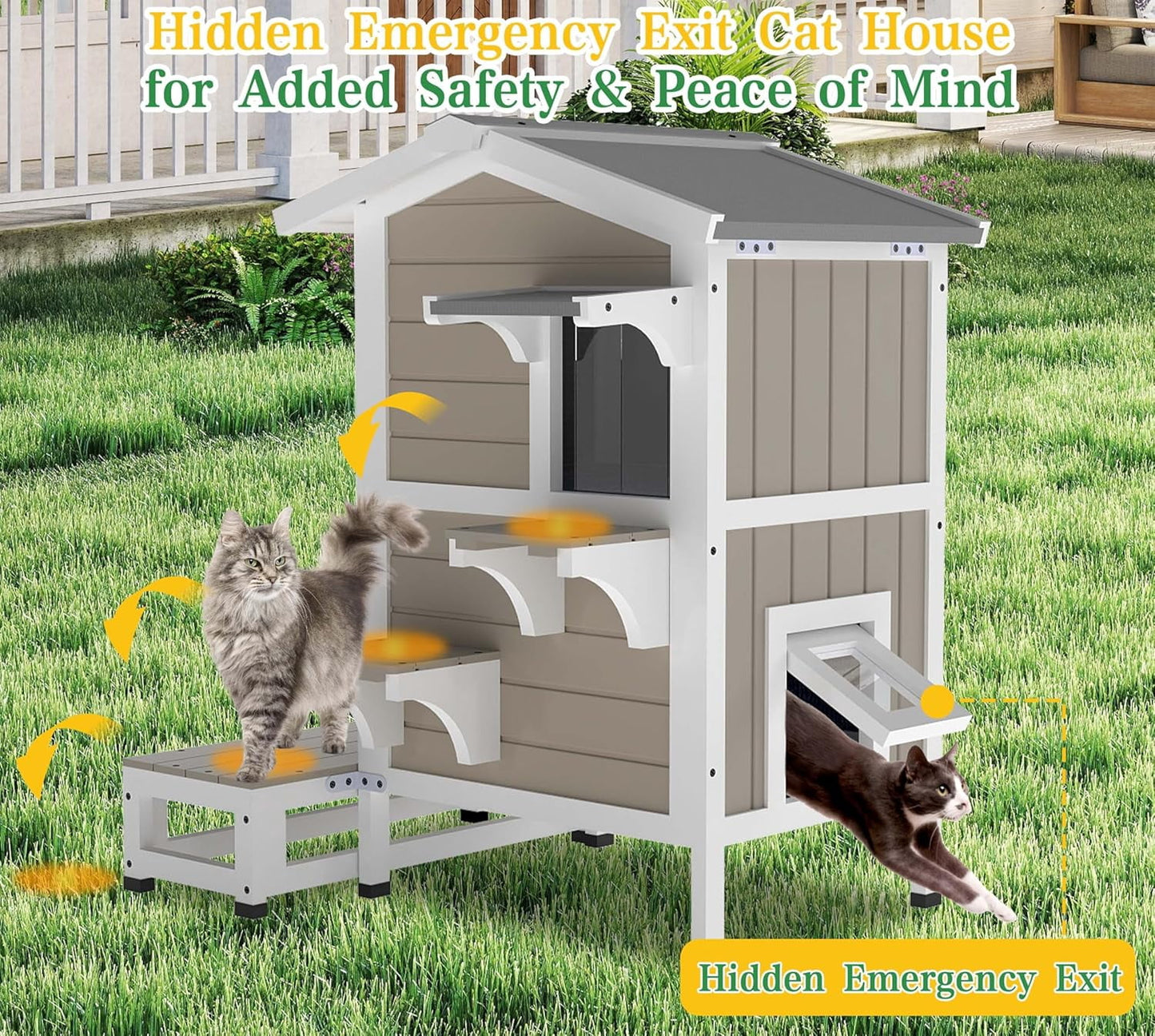 Petsblublu Outdoor Weatherproof Cat House Two Story Cats Shelter with Jumping Platforms