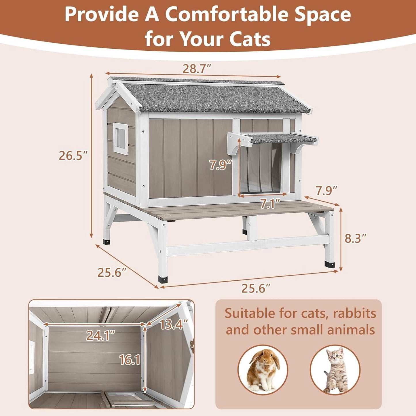Petsblublu Outdoor Small Cat House Wooden Indoor Feral Cats Shelter with Balcony
