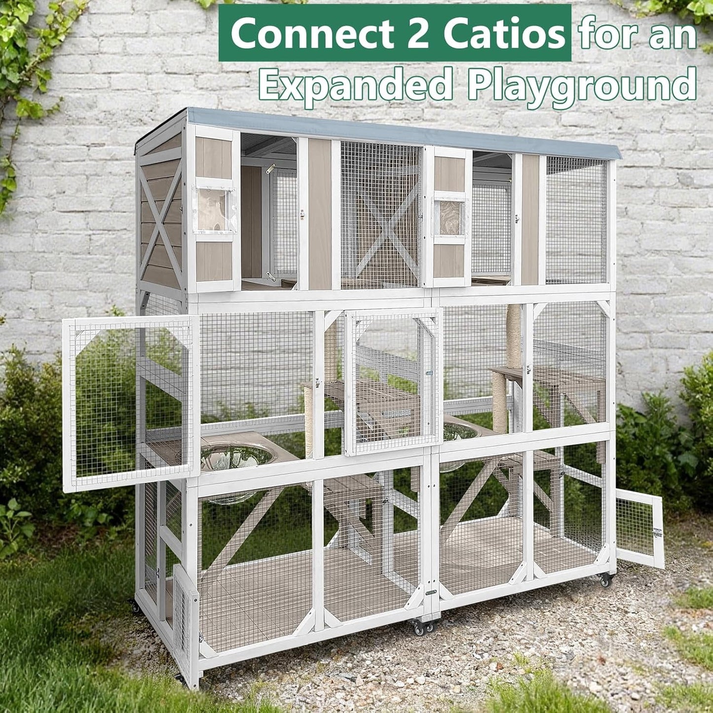 Petsblublu Outdoor Cat Enclosure with Wheels, Window Catio Large Cat House with 3 Platforms