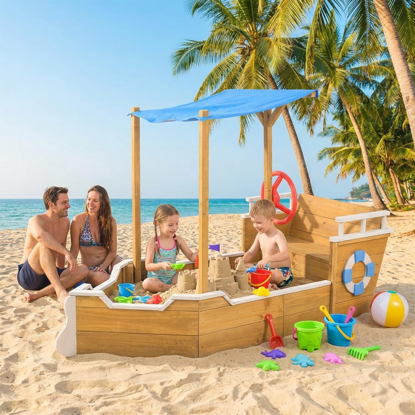 Petsblublu Kids Wooden Outdoor Sandbox with Canopy for Aged 3-8 Years Old