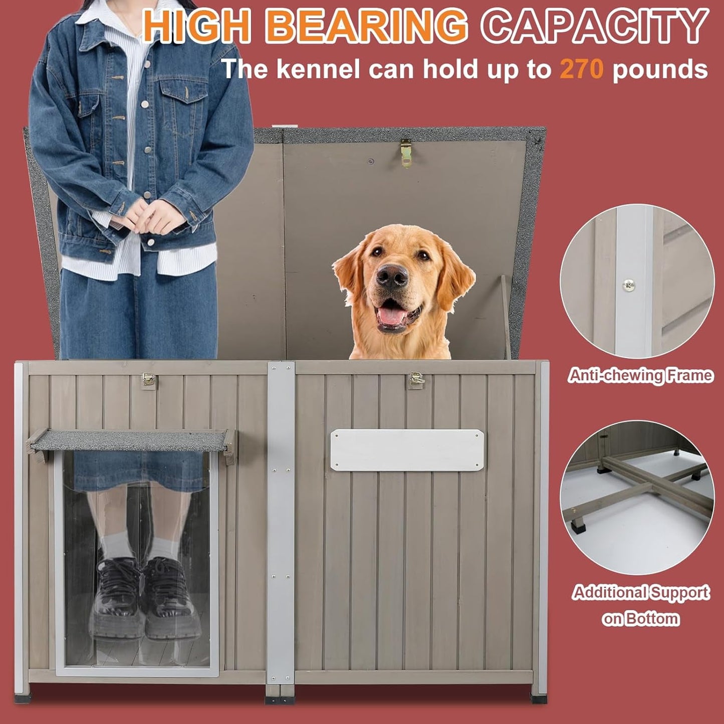 Petsblublu 50 L Large Wooden Outdoor Dog House Weatherproof Dog Kennel with Anti-Chewing Iron Frame