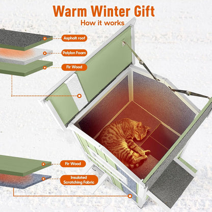 Petsblublu Insulated Outdoor Cat House 2 Story Weatherproof Elevated Outside Cat Shelter, Green
