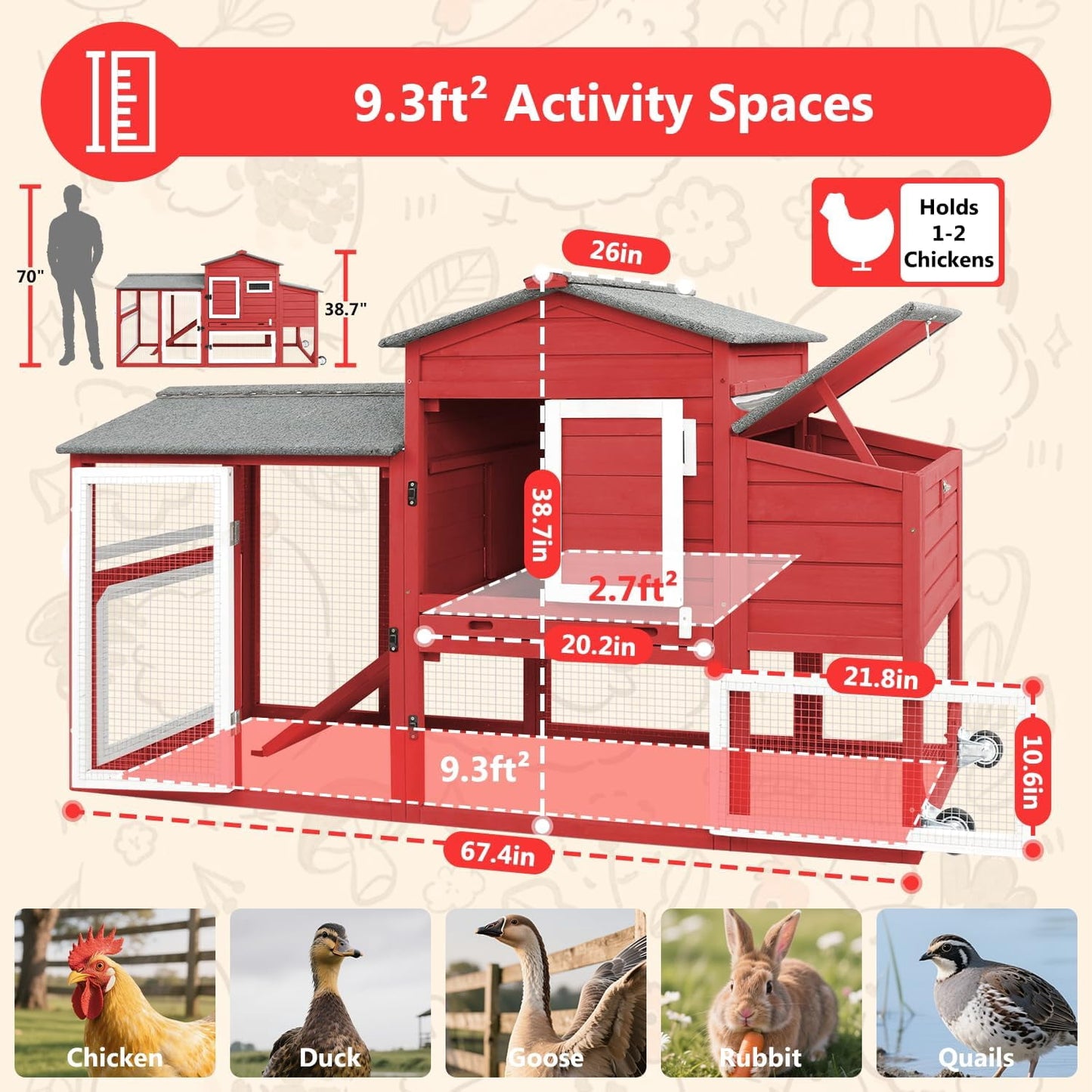 Petsblublu Chicken Coop with Nesting Box, Outdoor Poultry Cage for Backyard, Indoor Hen House with Removable Trays, Red