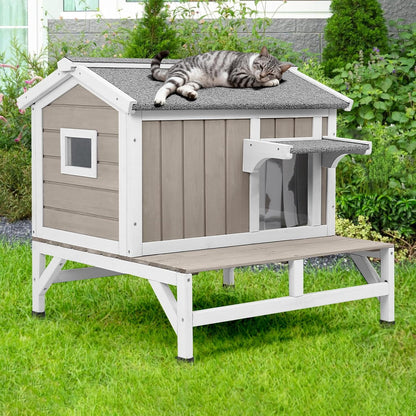 Petsblublu Outdoor Small Cat House Wooden Indoor Feral Cats Shelter with Balcony