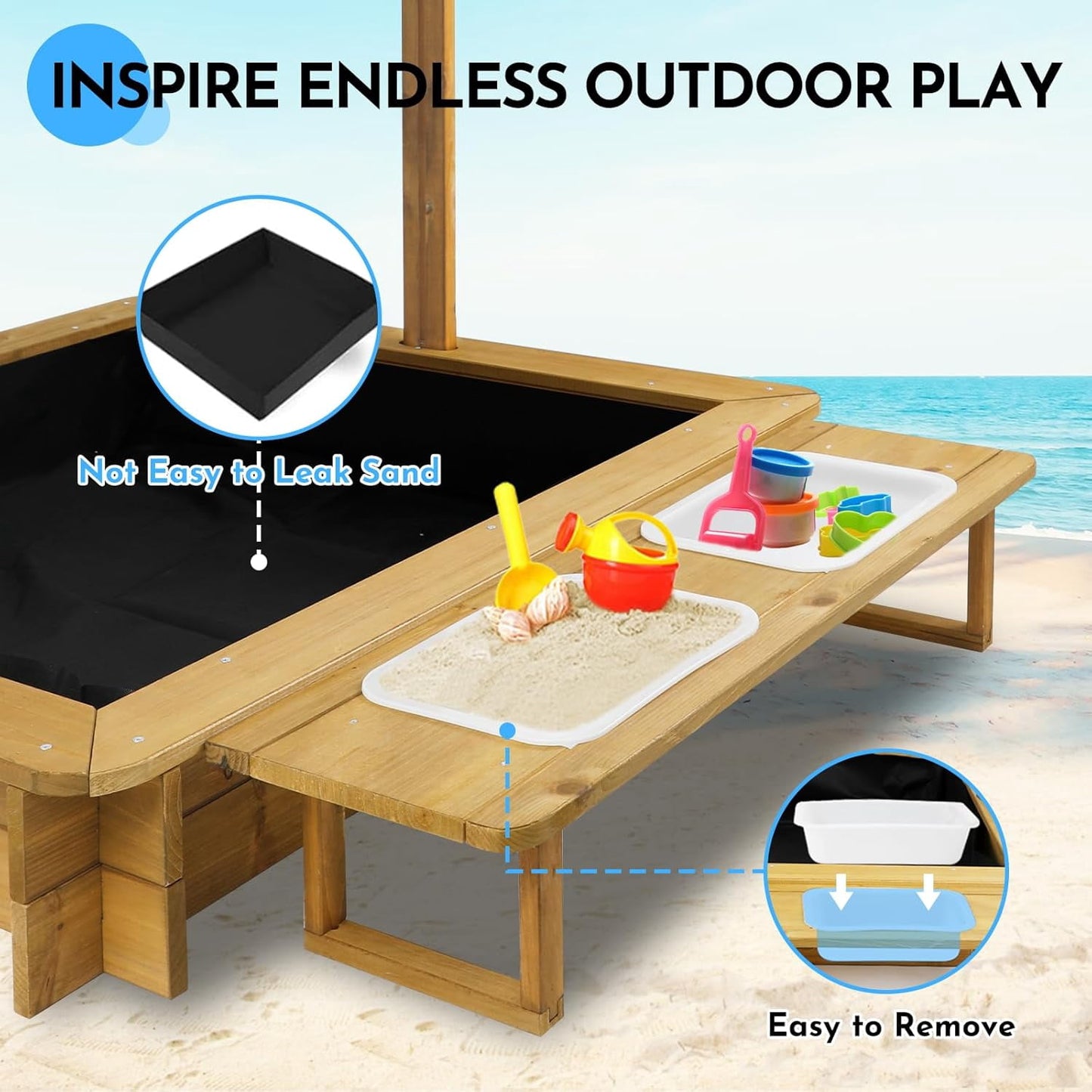 Petsblublu Outdoor Wooden Sandbox with Adjustable Canopy&Two Toy Basins for Beach