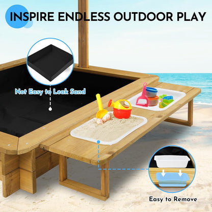 Petsblublu Outdoor Wooden Sandbox with Adjustable Canopy&Two Toy Basins for Beach