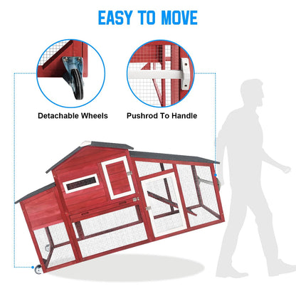 Petsblublu Outdoor Chicken Coop Large Wooden Tractor with Wheels Waterproof Hen House, RED