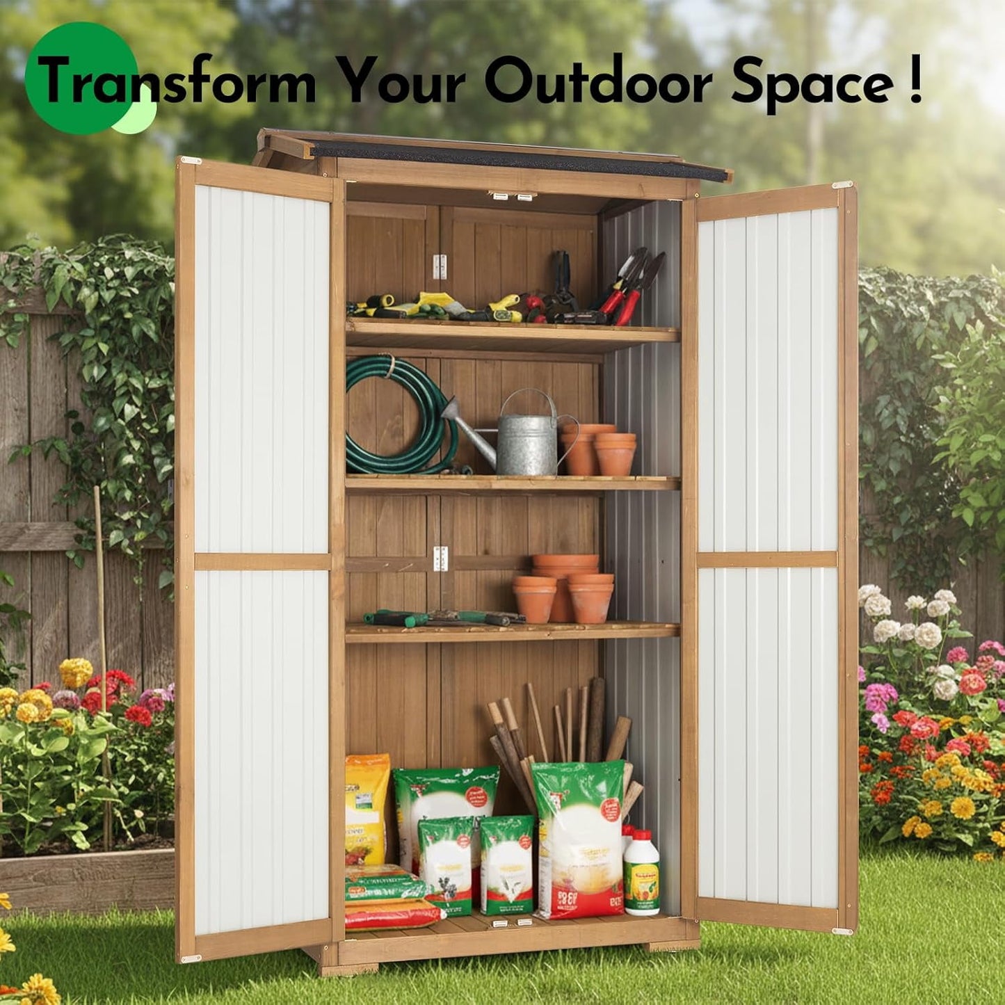 Petsblublu Large Outdoor Storage Cabinet Garden Tool Shed,Wood Outdoor Storage Shed with Three Adjustable Shelves